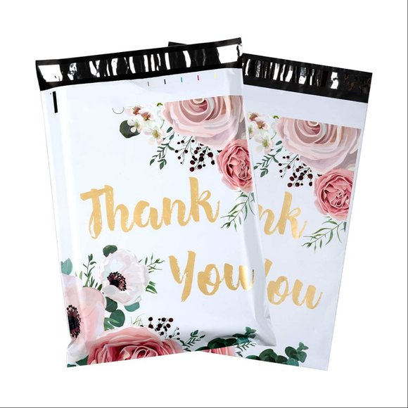 10x13" (50 Pack) Thank You Floral Polymailers (White) - Picture 2 of 2